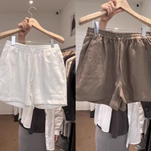 1现 韩国东大门object松紧腰抽绳透气亚麻休闲短裤女25夏季新款