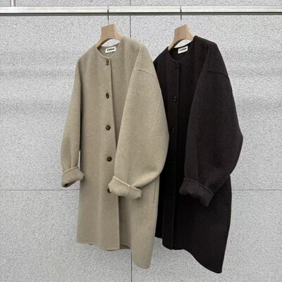 现 韩国东大门AT THE BAGEL25冬季新款羊毛羊绒无领中长款大衣