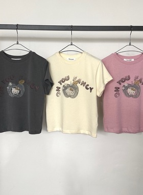 现 25秋款韩国东大门VISUAL SPACE圆领猫咪图案印花短袖T恤不退换