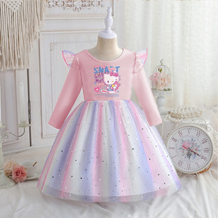 女童连衣裙长袖春秋蓬蓬裙童装彩虹公主裙儿童裙子hello kitty