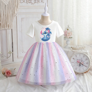Stitch女童连衣裙夏季短袖童装女孩彩虹公主裙儿童裙子史迪奇洋气