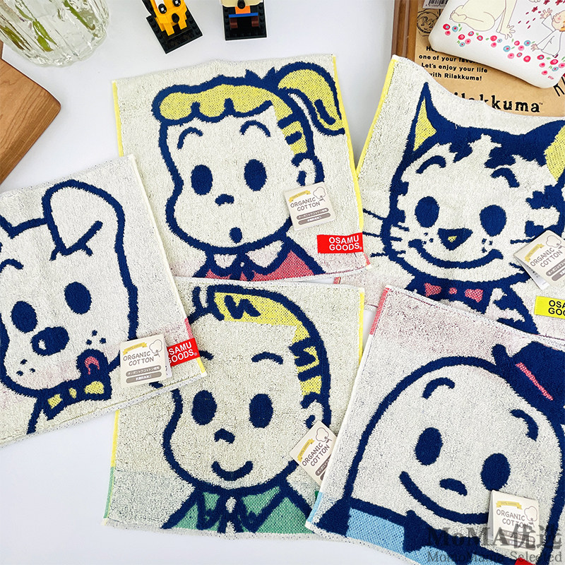 现货日本原田治可爱人物头像图案有机棉正方形手帕卡通洗脸面毛巾