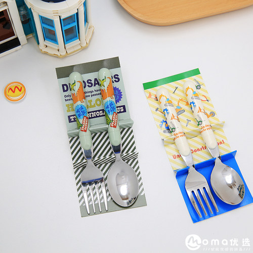 日本制恐龙挖土机勺子叉子工具车儿童学生餐具不锈钢吃饭辅食14cm