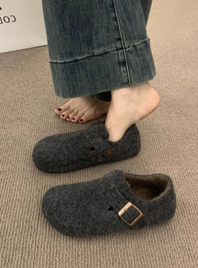 真兔毛 圆头毛毡加绒勃肯鞋女加绒秋冬季一脚蹬保暖棉瓢鞋乐福鞋