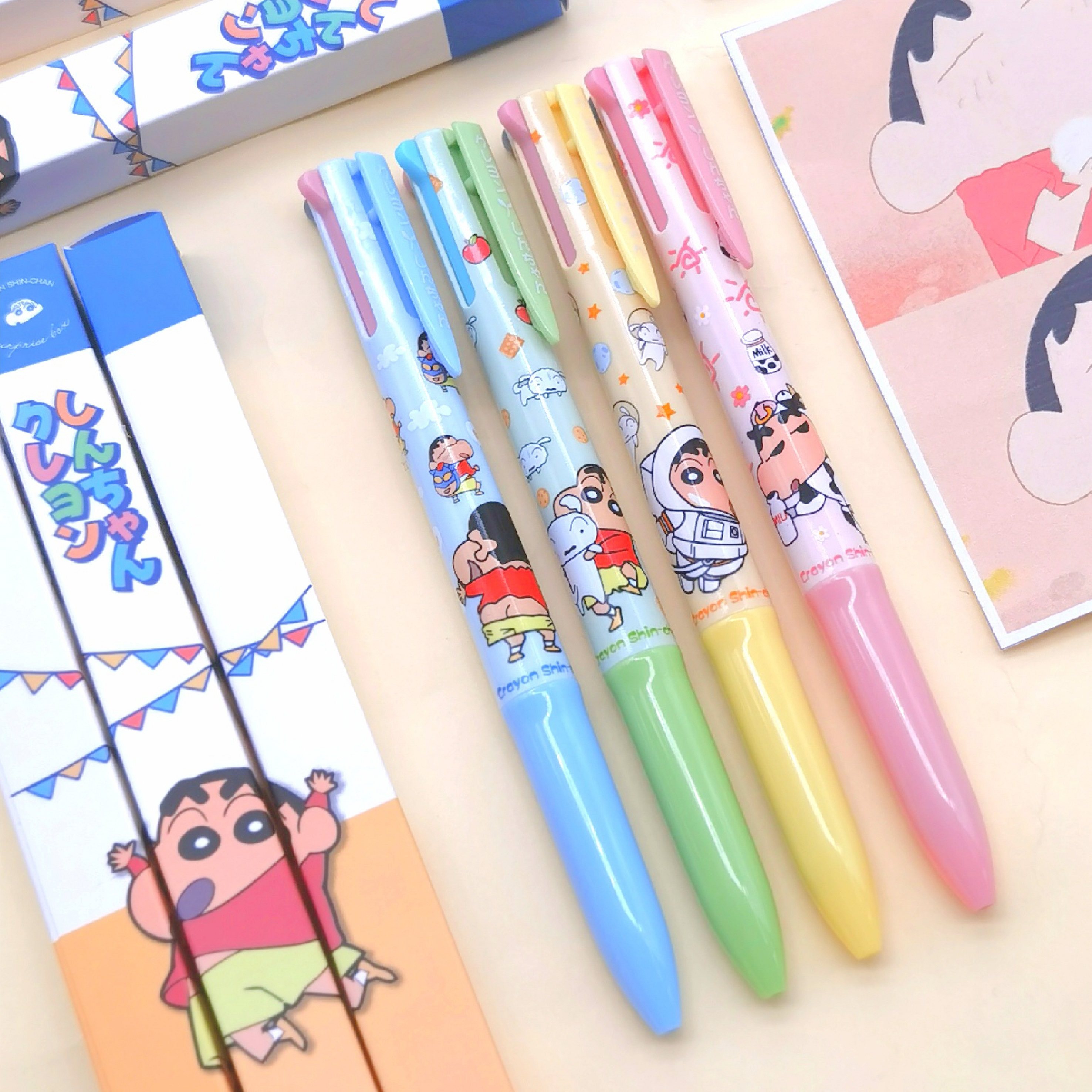 蜡笔小新卡通限定多色中性四色笔可爱日韩小清新按动创意多功能笔