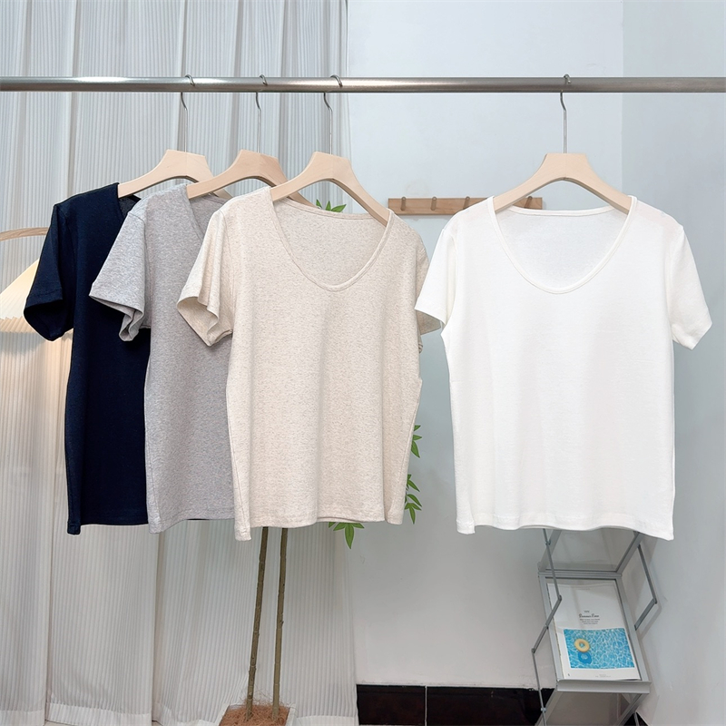 萌姿丹 天丝亚麻鹅蛋领T恤亲肤透气显瘦莱赛尔打底衫百搭上衣短袖
