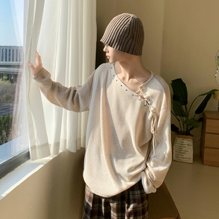 长袖 白口阳 镂空T恤男生夏季 斜肩薄款 上衣设计感复古 错频拥抱