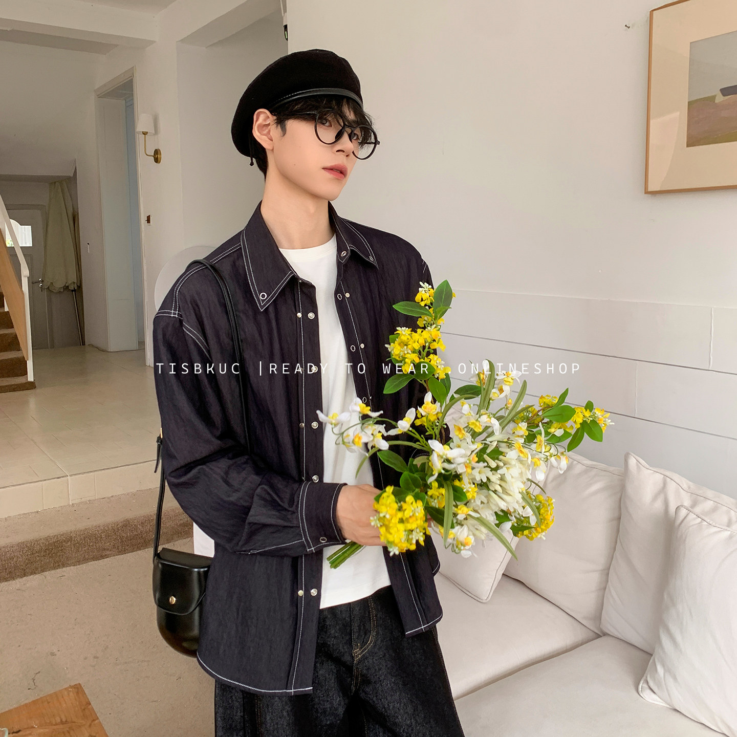 白口阳【深海夜航】春夏复古牛仔色外套明线撞色装饰扣翻领衬衫男