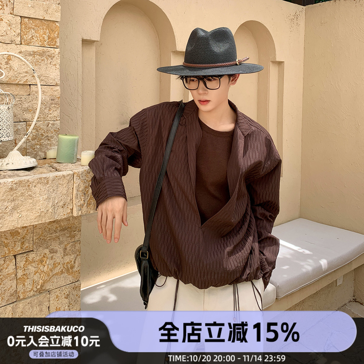 深V假两件设计款长袖衬衫
