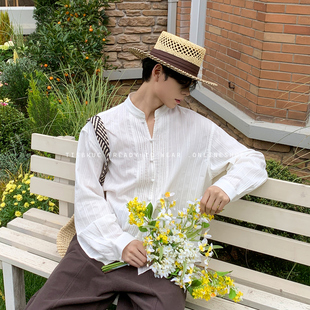 男女同款 棉麻度假感立领前中压褶白衬衫 春夏 塞纳河诗人 白口阳