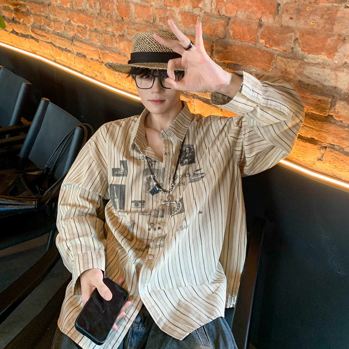 白口阳【里昂序曲】美式复古印花条纹衬衫宽松休闲情侣衬衣长袖秋