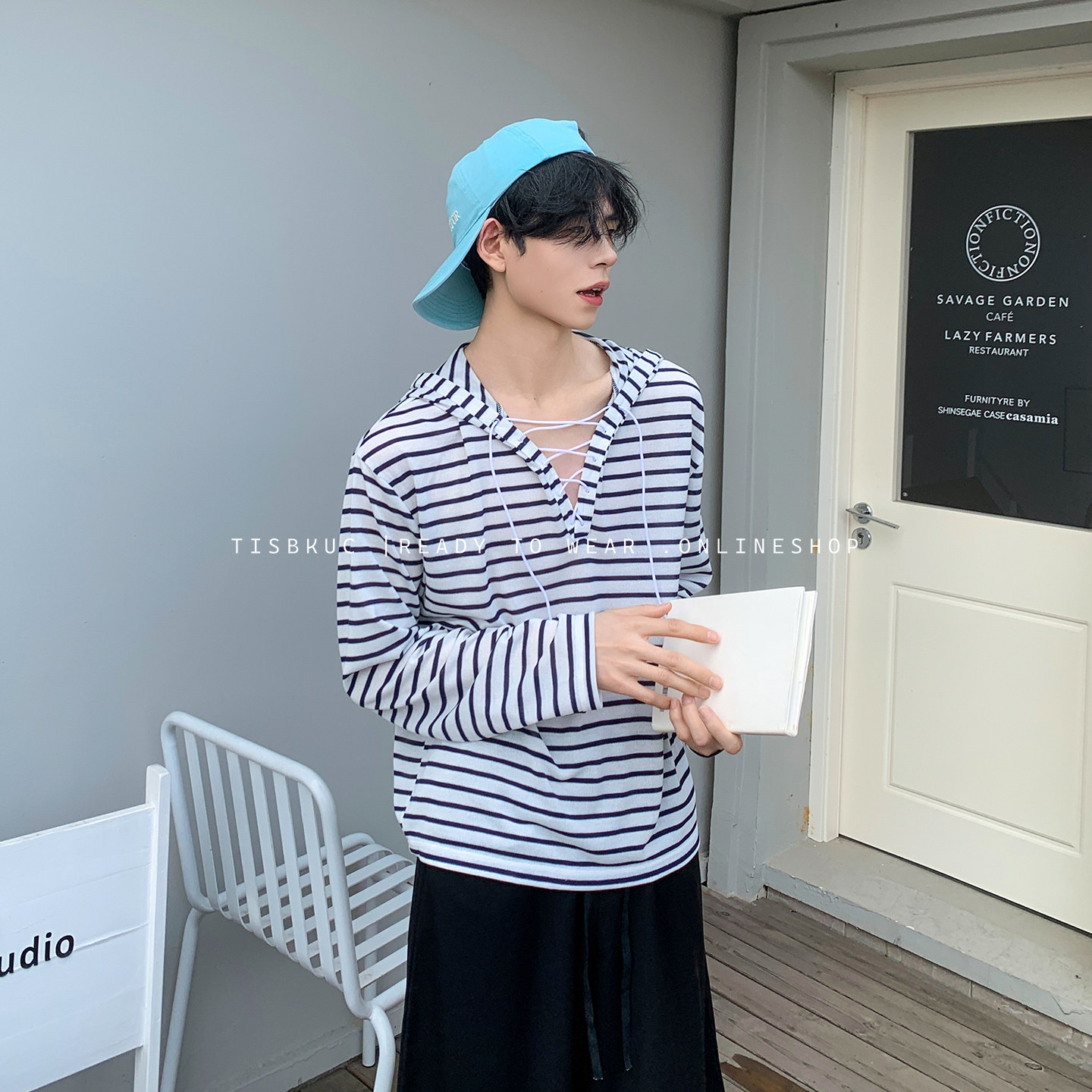 白口阳【水手信札】少年感V领绑带海军蓝连帽长袖设计卫衣T恤男生