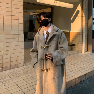 毛呢外套冬 羊毛牛角扣加厚连帽呢大衣男韩版 白口阳 休斯顿高校