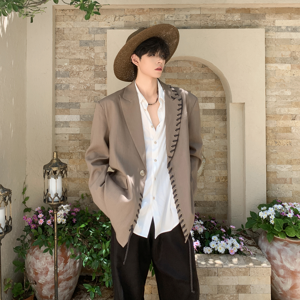 优雅阔版卡其波西米亚编织西装