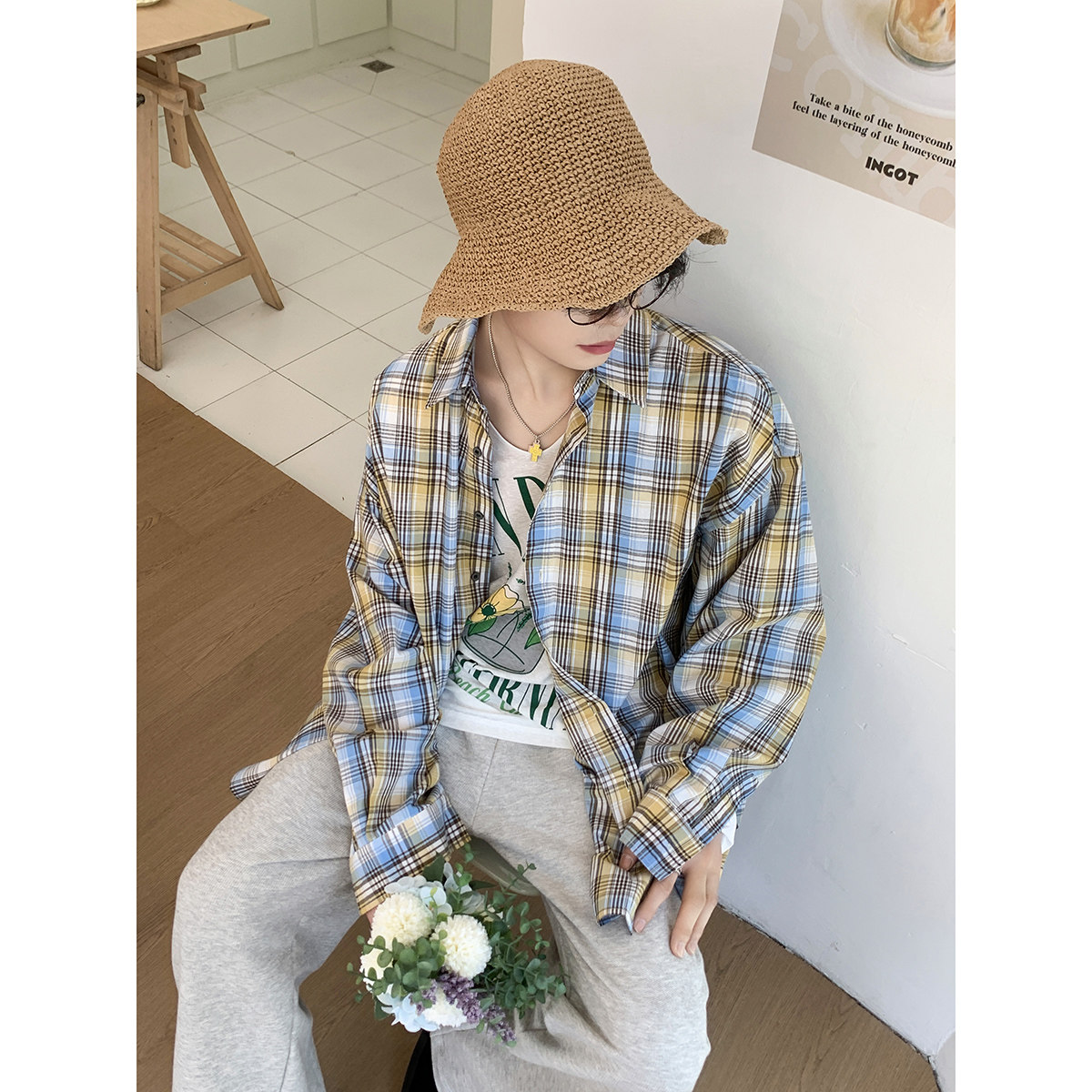 白口阳【海岛日记】黄蓝格纹衬衫男女同款夏季长袖衬衣2025年新款