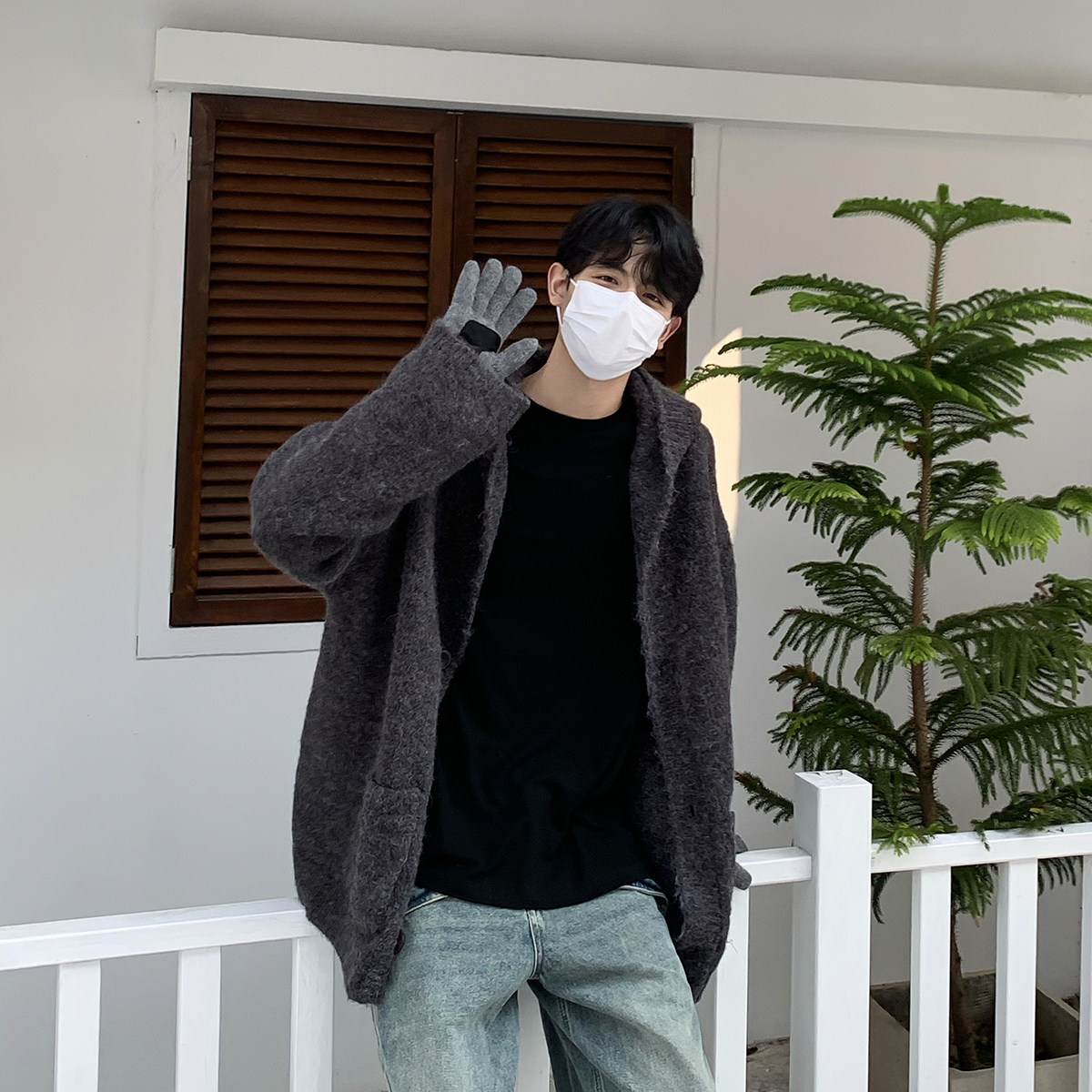 白口阳【南非落日】韩风慵懒风连帽针织衫休闲百搭保暖长袖毛衣男