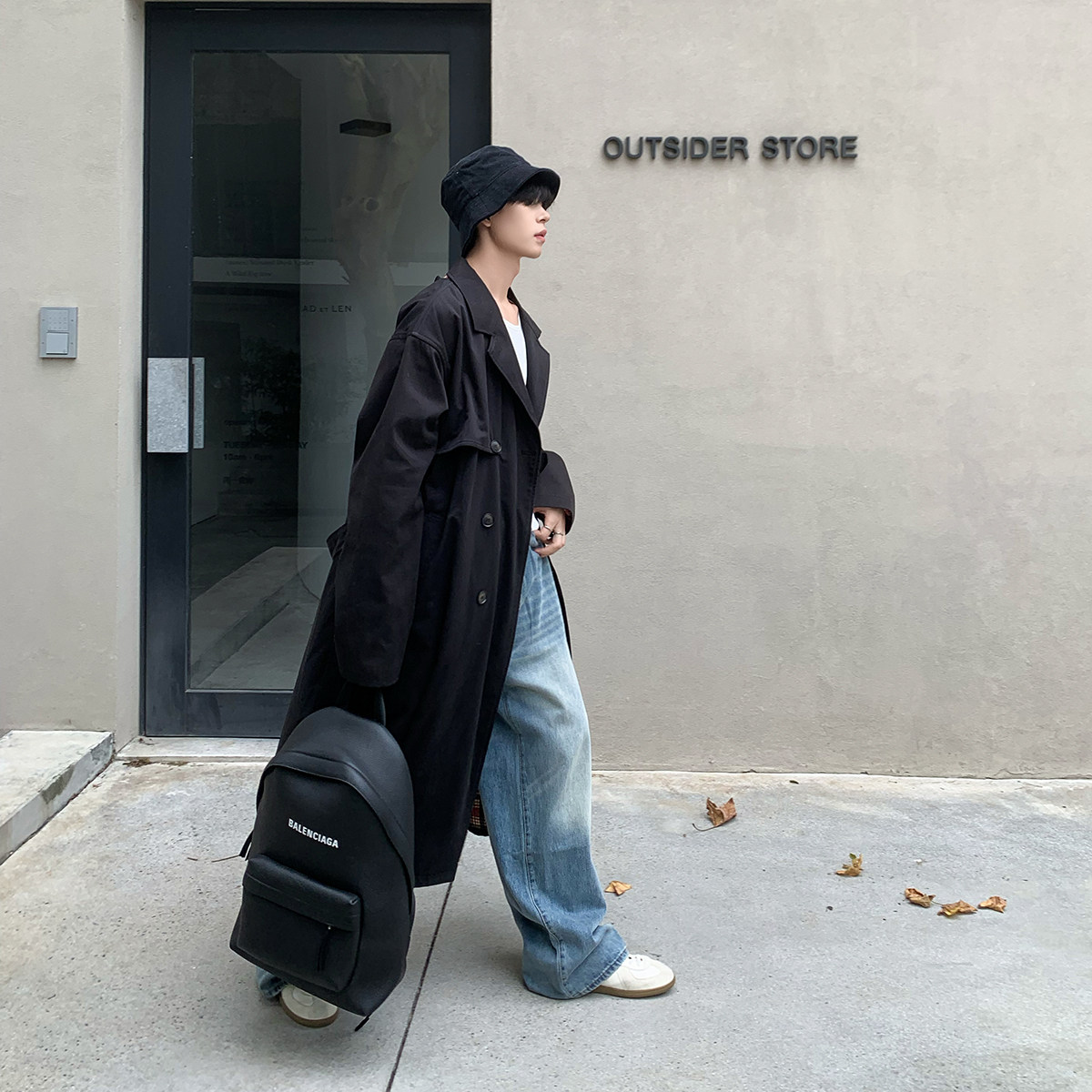 白口阳【爱尔兰庄园】后背拉链复古格子大衣韩版中长款风衣外套男