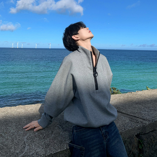 套头卫衣男女同款 白口阳 解构设计灰色半拉链长袖 韩版 66号公路