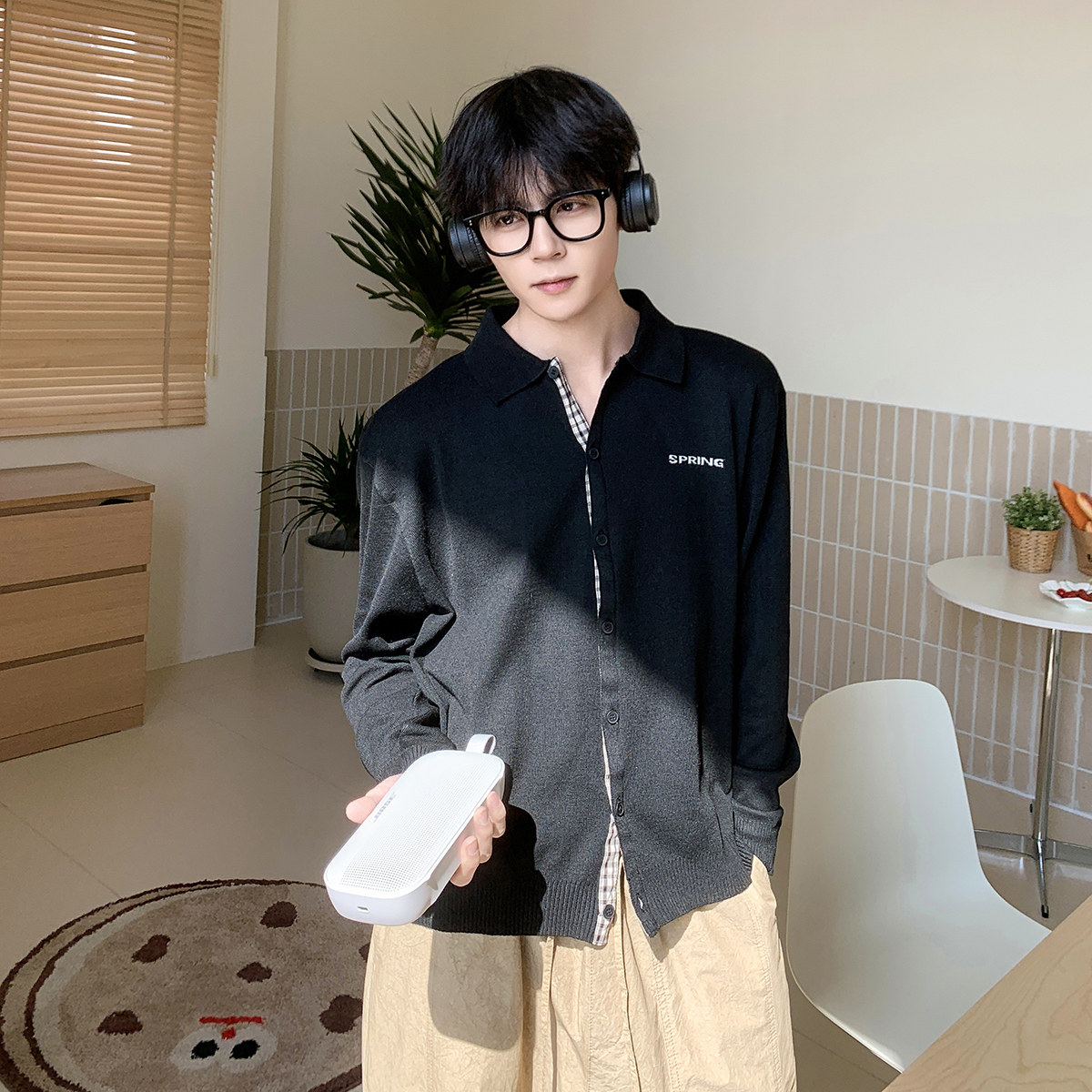 白口阳【午后恋曲】假两件针织开衫男生薄款长袖外穿上衣宽松韩版