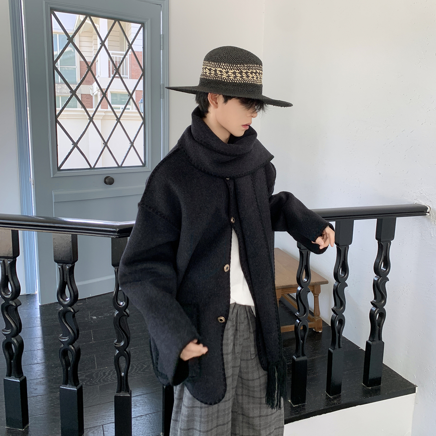 白口阳【卢浮宫】70羊毛 灰色斗篷外套男秋冬中长款加厚宽松大衣