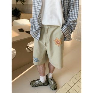 宽松刺绣休闲裤 白口阳 男生夏季 休闲度假卡其色短裤 子 光合密码