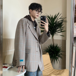 巴黎时刊 春季 咖色格纹西装 连帽2025年新款 西服 外套男装 白口阳