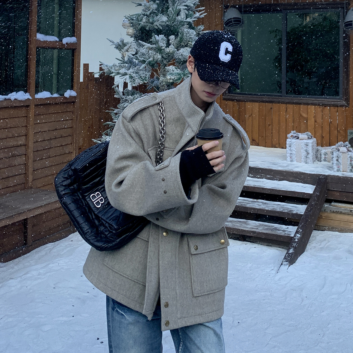 白口阳冬季立领多口袋保暖夹克