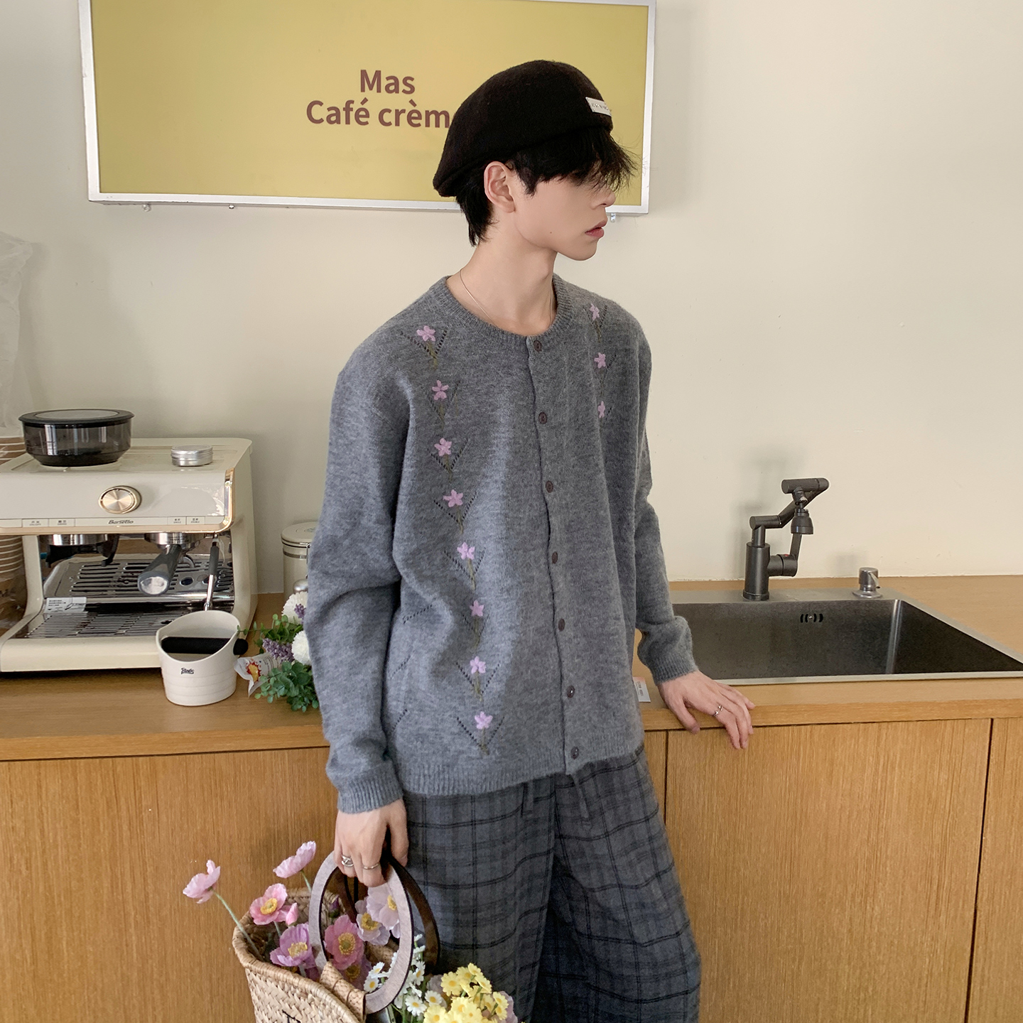 复古撞色花朵毛衣针织衫