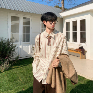 休闲春季 复古学院蝴蝶领结美拉德条纹衬衫 外穿 春日画布 白口阳