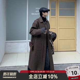白口阳 老钱风复古人字纹呢子大衣休闲百搭毛呢大衣 比利时大道