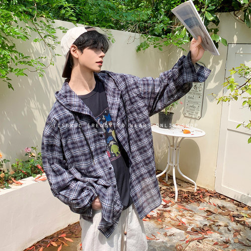 白口阳【街头诗人】复古格纹连帽衬衫美式街头宽松慵懒氛围感上衣