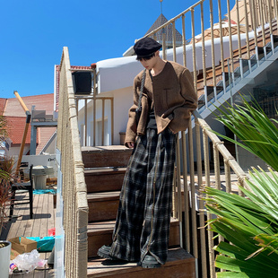 泥子拉链分割休闲格子长裤 英伦风加厚阔腿裤 维也纳咖啡 白口阳