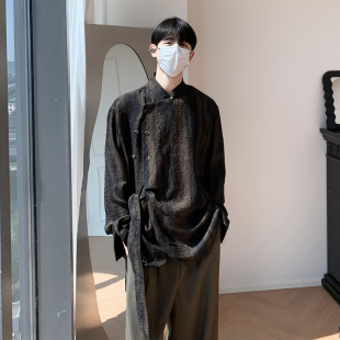 休闲宽松百搭长袖 白口阳 做旧肌理绑带衬衫 新中式 衬衣 青衣水袖