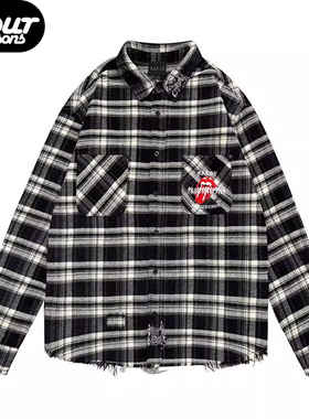 False Perception黑白格子衬衣万针刺绣血牙标志长袖横纹衬衫外套