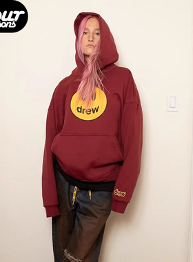 Drew house mascot酒红色笑脸印花宽松连帽卫衣春秋休闲外套上衣