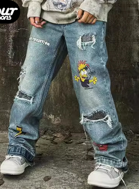 【四季】False Perception 辛普森涂鸦图案水钻水洗蓝刀割牛仔裤