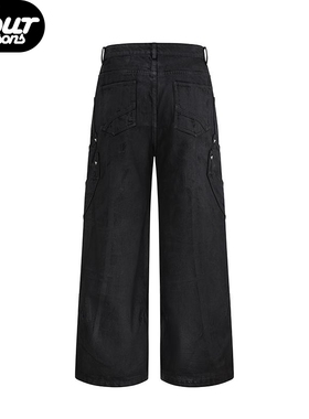 UPGREATED 潮男阔腿骑士牛仔裤 百搭盔甲 刷蜡口袋 长裤 街头cozy