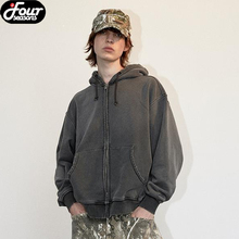四季GLOBALVALLY染色水洗磨破拉链帽衫连帽卫衣OLD WASHED ZIP-UP