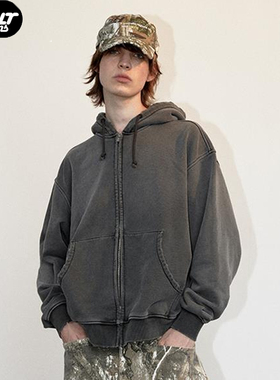 四季GLOBALVALLY染色水洗磨破拉链帽衫连帽卫衣OLD WASHED ZIP-UP