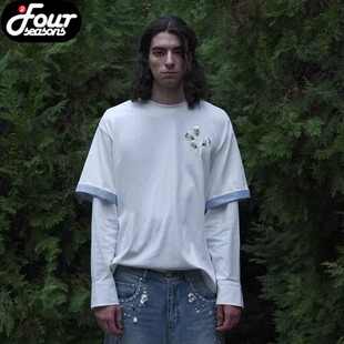 【四季】Orison Morgana假两件长袖T恤法绣贝壳水钻花卉tee衬衫袖