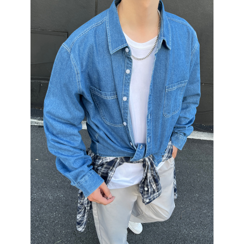 现货秋款日系复古水洗牛仔衬衫男女休闲重磅宽松长袖衬衣C302/p65，男装衬衫，星座223-1（原星座201）