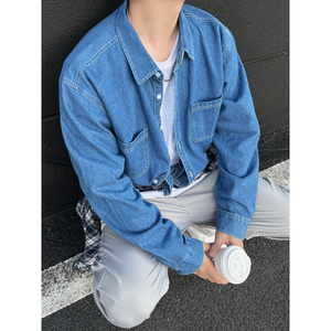 抖音品质秋款做旧水洗牛仔衬衫男女潮牌纯色长袖衬衣外套C302/p65图片