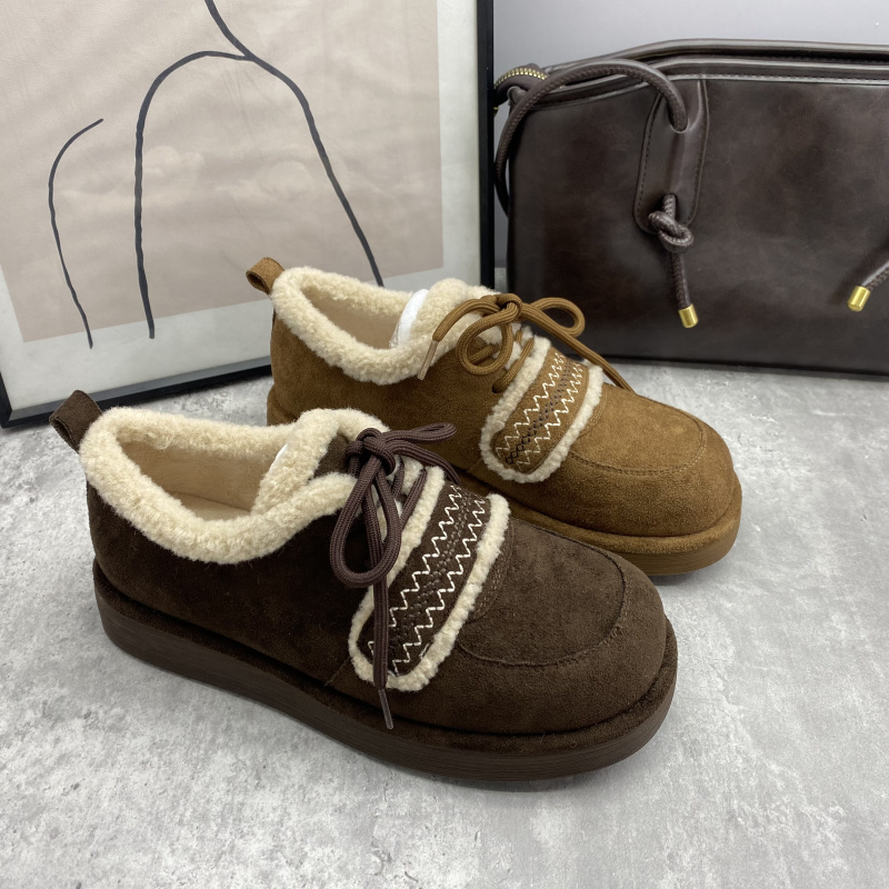 25秋冬编织拼接毛毛勃肯鞋女冬季百搭平跟系带加绒保暖女棉鞋