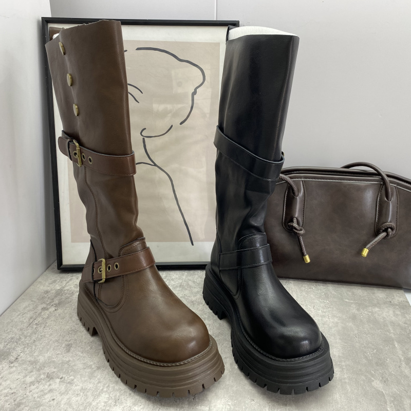 2025秋冬棉里复古英伦风皮带扣高筒骑士靴女厚底机车靴显瘦长靴