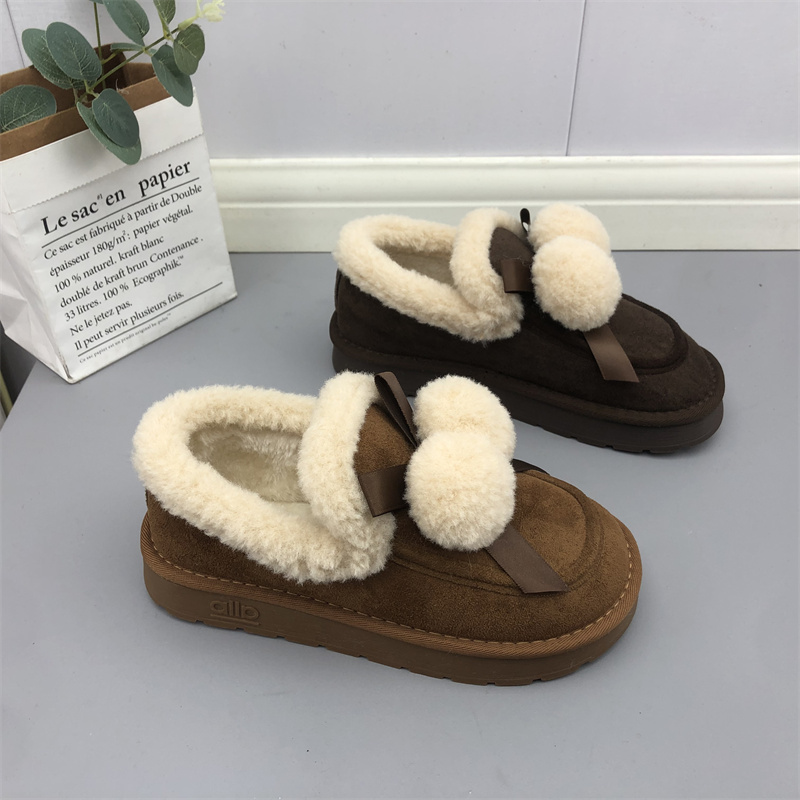 25秋冬舒适韩版毛毛球勃肯鞋女一脚蹬蝴蝶结休闲软底保暖棉鞋女