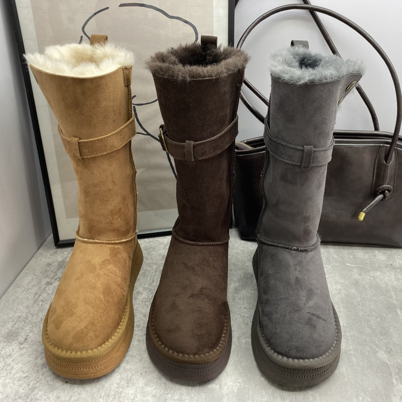 25冬季高筒毛毛雪地靴女厚底保暖长靴皮带扣拼接百搭棉靴女