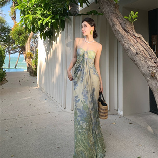 绝美吊带连衣裙女夏雪纺印花气质显瘦长款 十三与小小 海边度假裙
