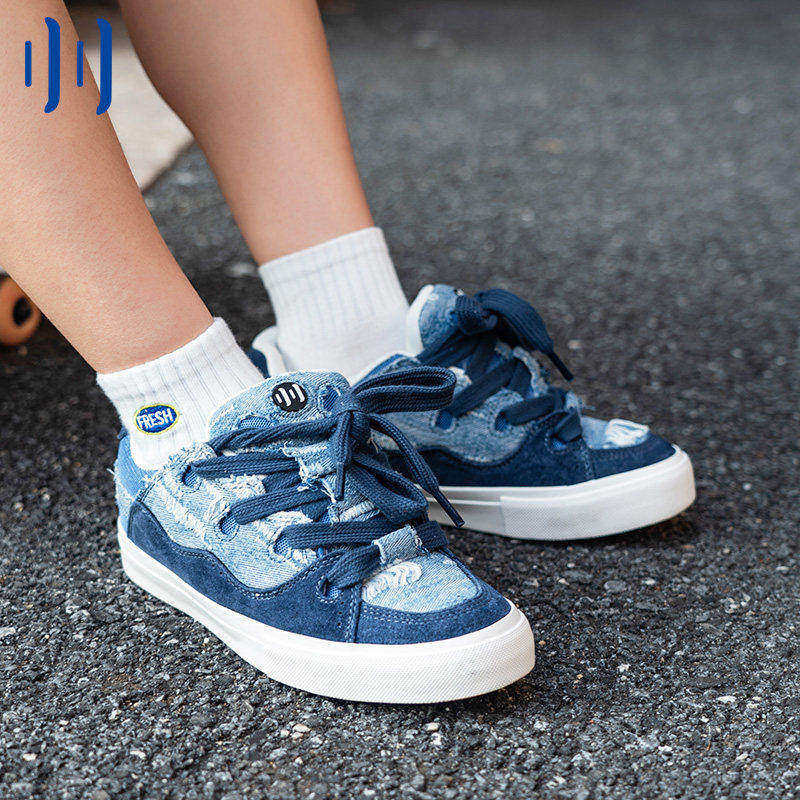 顽刻ollieskate面包鞋翻毛皮牛仔丹宁拼接秋冬BAKE男女国潮滑板鞋