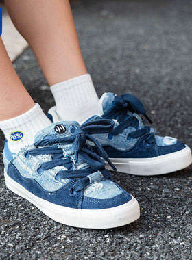 顽刻ollieskate面包鞋翻毛皮牛仔丹宁拼接秋冬BAKE男女国潮滑板鞋