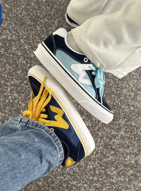 顽刻ollieskate蓝黄拼色秋季校园风W系列休闲低帮男女国潮滑板鞋
